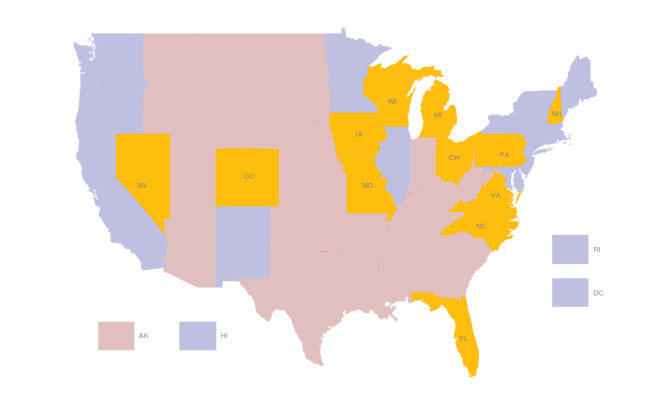 Map of United States with swing states highlighted in yellow.